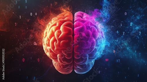 Human brain with right creative hemisphere and left logical hemisphere. AI medical, technological and scientific concept
