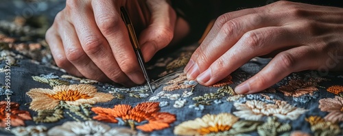 Photo of an embroidery artists hands working on a detailed design, with threads and fabric clearly visible, natural lighting photo