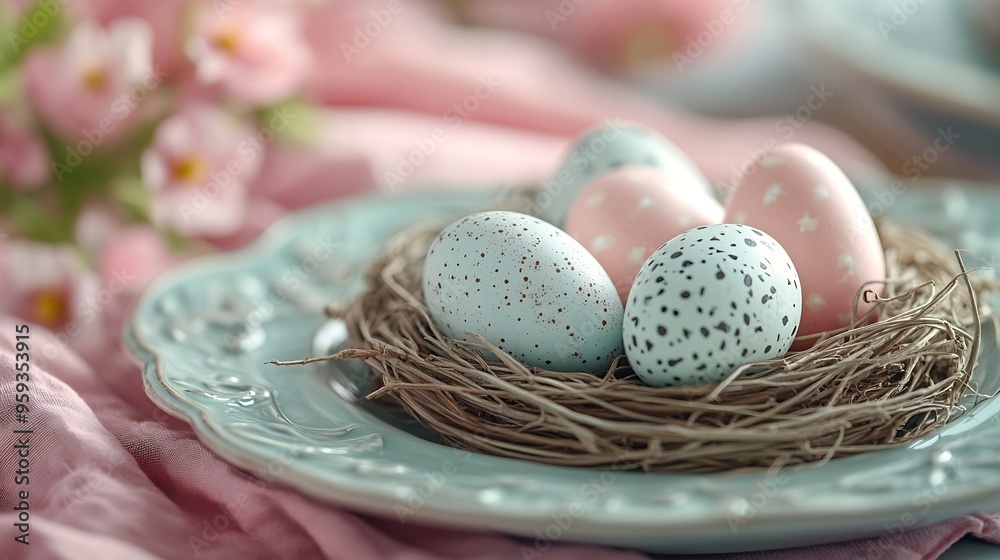 An artistic easter table setting featuring a nest with pastel decorated eggs atop ceramic plates complemented by a dusty pink napkin : Generative AI An artistic easter table setting featuring a nest with pastel decorated eggs atop ceramic plates complemented by a dusty pink napkin : Generative AI