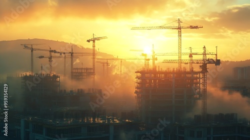Panoramic view of construction sites and many cranes working in a new construction business : Generative AI