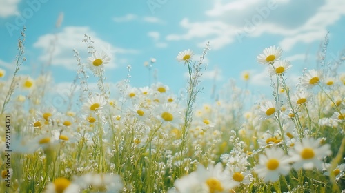 Natural summer grasses and wildflowers meadow herbs and field bloom plants wild blossom white and yellow flower outdoor nature aesthetics summer scene wild growth grass blue sky select : Generative AI photo