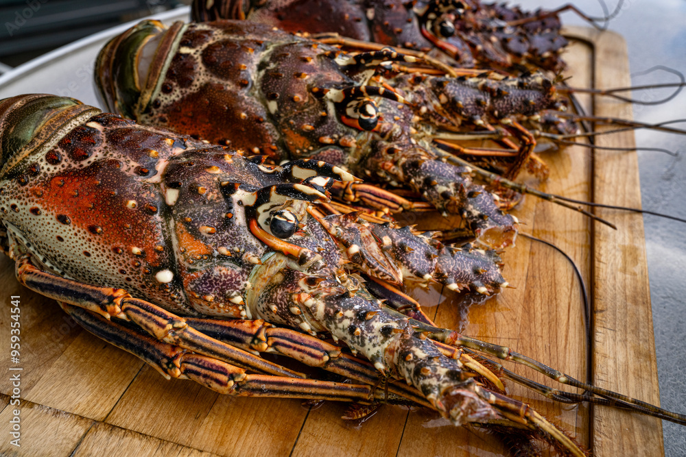 Food themes: Fresh lobsters on kitchen table.
