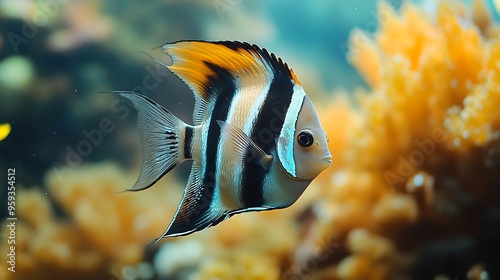 Close up of Longfin batfish Teira Batfish Platax Teira swimming underwater in fish tank Phuket Aquarium blurred background of coral reefs : Generative AI photo