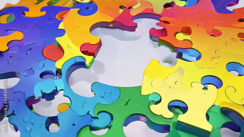 A close-up view of colorful, interlocking puzzle pieces scattered across a surface, showing vibrant shades of blue, green, yellow, red, and purple, representing creativity, problem-solving