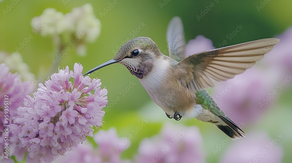 Naklejka premium A juvenile Rubythroated humming bird feeding on a flower Ontario Canada : Generative AI