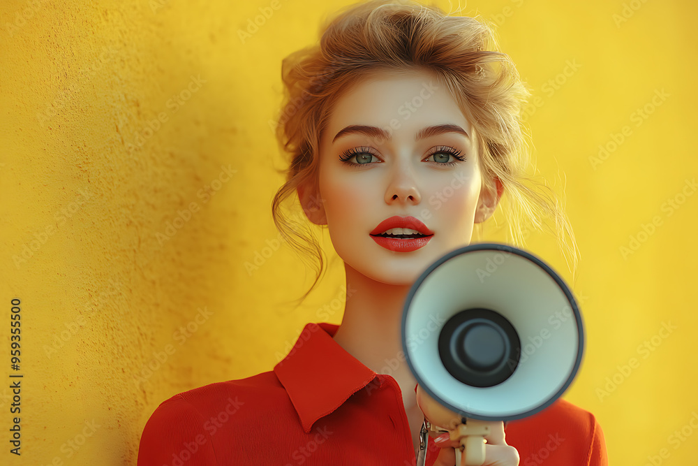 Fototapeta premium Stylish woman in a red outfit holding a loudspeaker against a bright yellow background, with ample space for text on the side. 