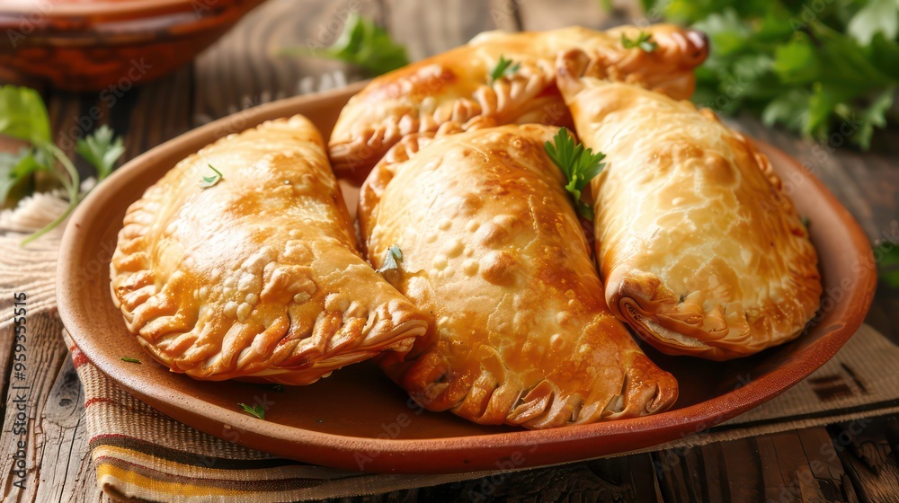 Four golden brown empanadas with a flaky crust, sitting on a brown plate, garnished with fresh parsley.
