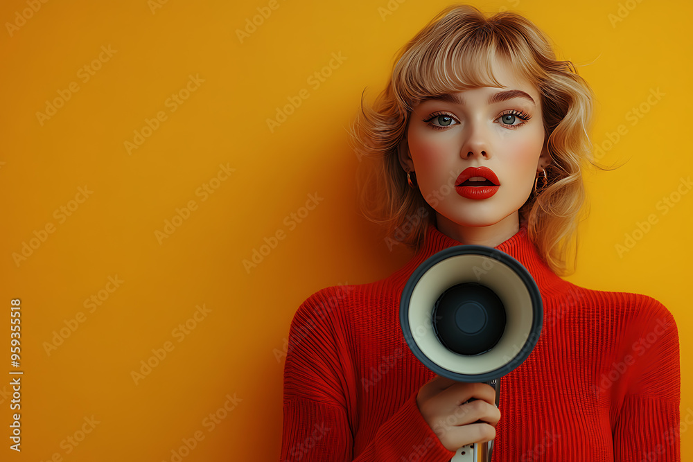 Obraz premium Stylish woman in a red outfit holding a loudspeaker against a bright yellow background, with ample space for text on the side.