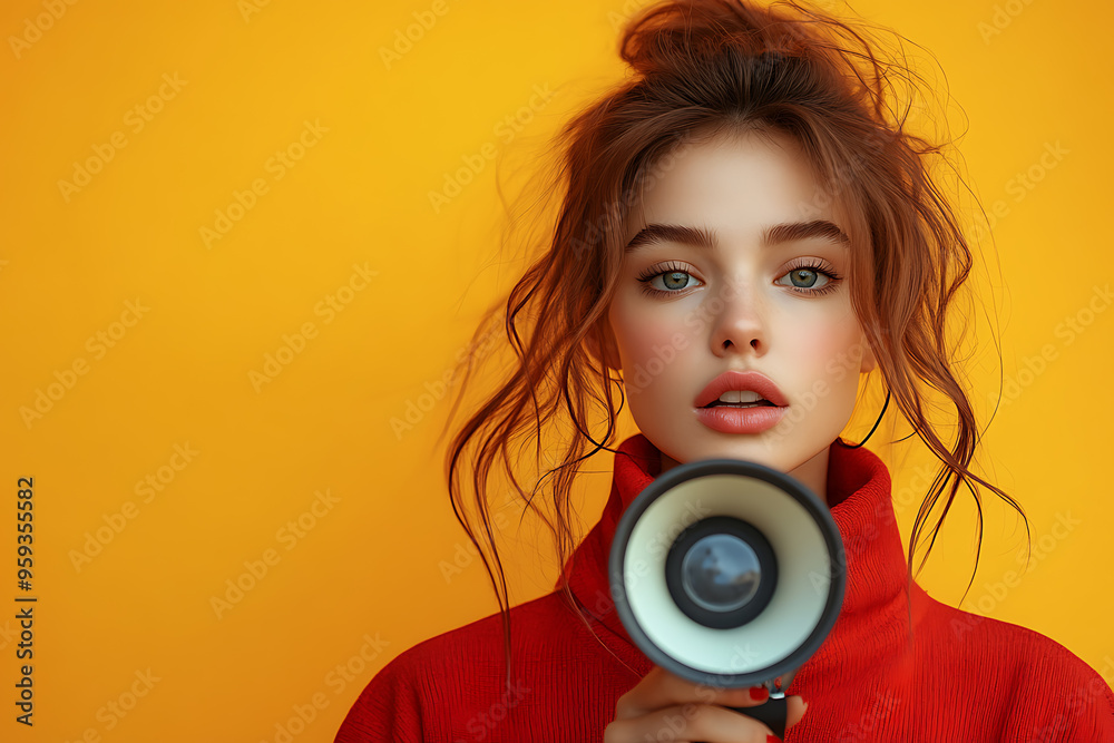 Fototapeta premium Stylish woman in a red outfit holding a loudspeaker against a bright yellow background, with ample space for text on the side. 