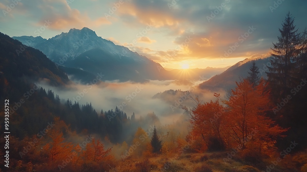 Autumn in the mountains View of the peaks of mountains and foggy valley during sunset Beautiful nature landscape : Generative AI Autumn in the mountains View of the peaks of mountains and foggy valley during sunset Beautiful nature landscape : Generative AI