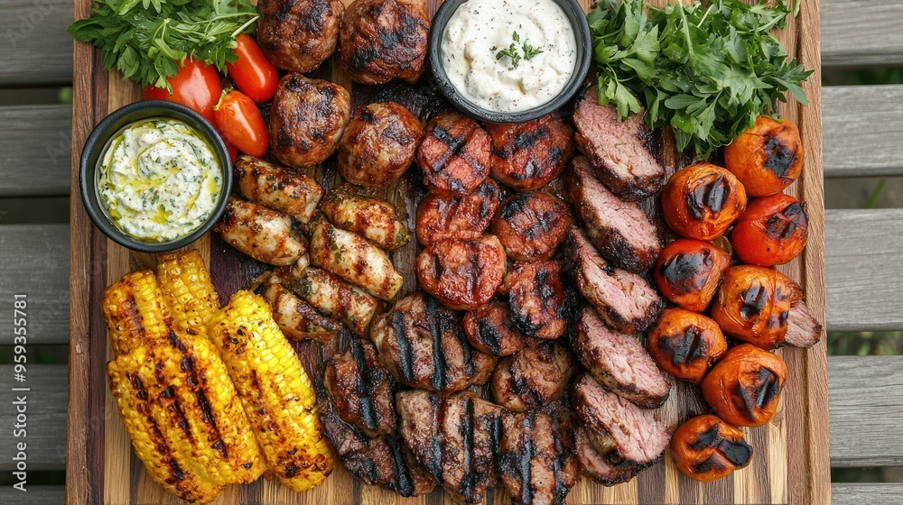 Grilled Meat, Sausage, Corn, and Tomatoes on a Wooden Board Grilled Meat, Sausage, Corn, and Tomatoes on a Wooden Board