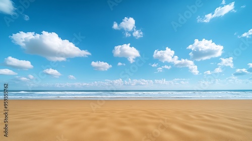 Empty natural beach background with golden sand and blue sky with white clouds on a hot summer sunny day : Generative AI