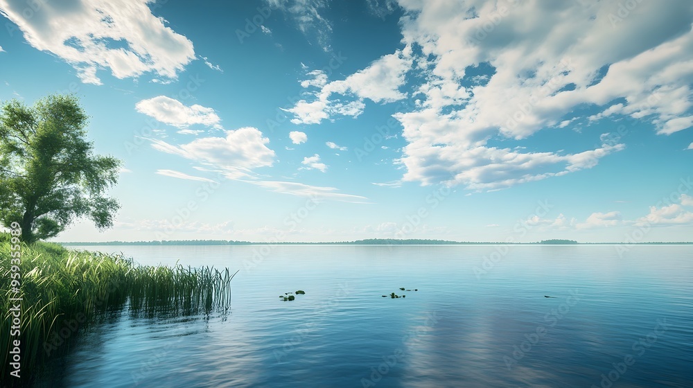 Tranquil Lakeside Landscape with Calm Waters and Distant Horizon Tranquil Lakeside Landscape with Calm Waters and Distant Horizon
