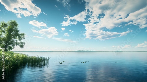 Tranquil Lakeside Landscape with Calm Waters and Distant Horizon