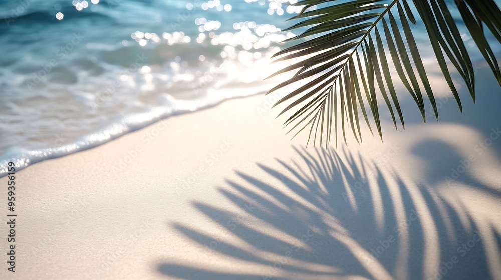 palm leaf shadow on abstract white sand beach background sun lights on water surface beautiful abstract background concept banner for summer vacation at the beach : Generative AI palm leaf shadow on abstract white sand beach background sun lights on water surface beautiful abstract background concept banner for summer vacation at the beach : Generative AI