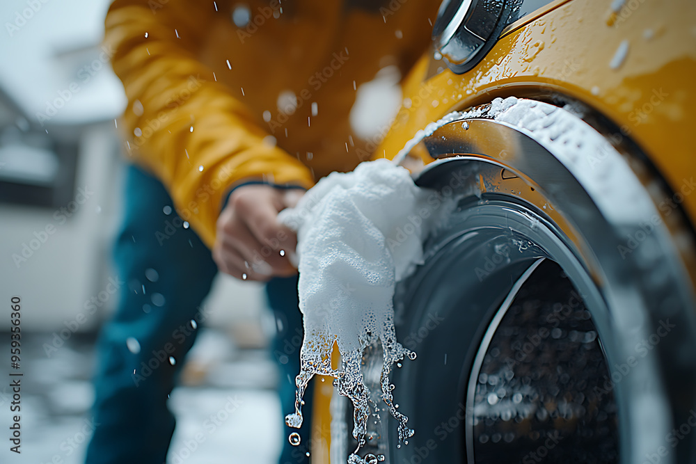A repairman working on a malfunctioning washing machine with its door