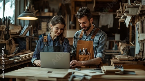 Male And Female Carpenters Working In Woodwork Workshop Using Laptop Together : Generative AI