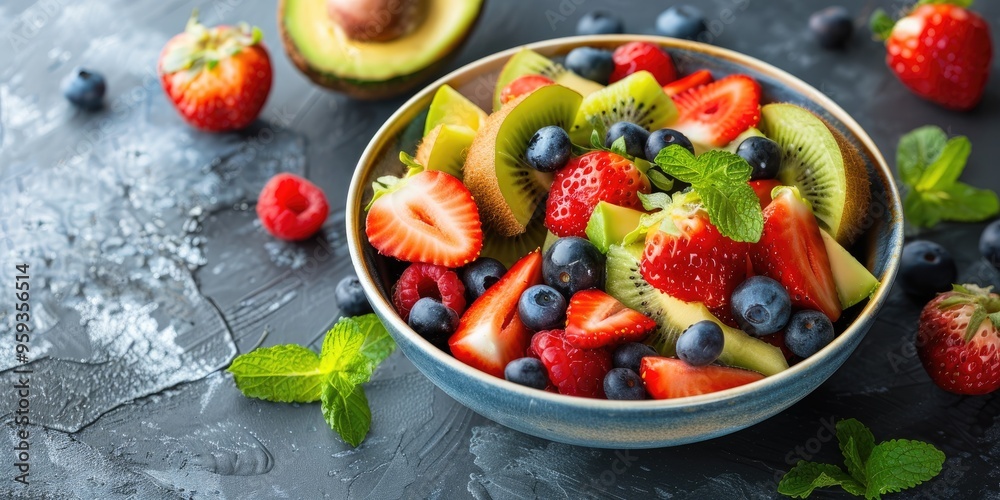 Fresh Mixed Fruit Salad with Kiwi Avocado Strawberries and Mint in Bowl Assorted Ripe Fruits and Berries Fresh Mixed Fruit Salad with Kiwi Avocado Strawberries and Mint in Bowl Assorted Ripe Fruits and Berries