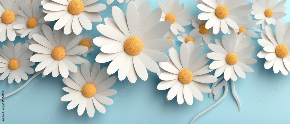 White Daisies with Yellow Centers on Light Blue Background White Daisies with Yellow Centers on Light Blue Background