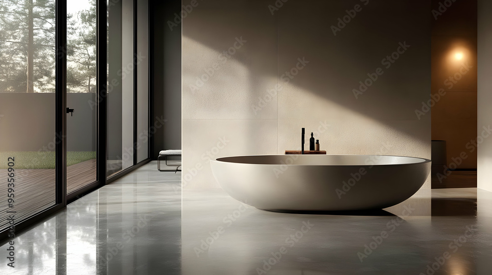 Modern bathroom interior with a freestanding bathtub, large windows, and a sleek design.