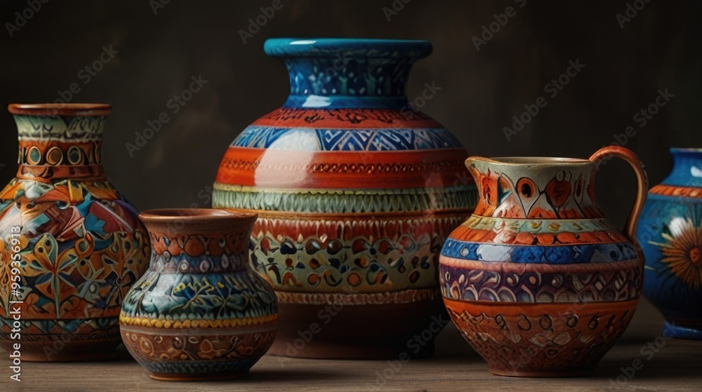 Collection of colorful unique and handcrafted pottery Collection of colorful unique and handcrafted pottery