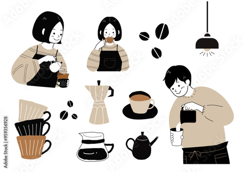 カフェで働く男女のイラスト