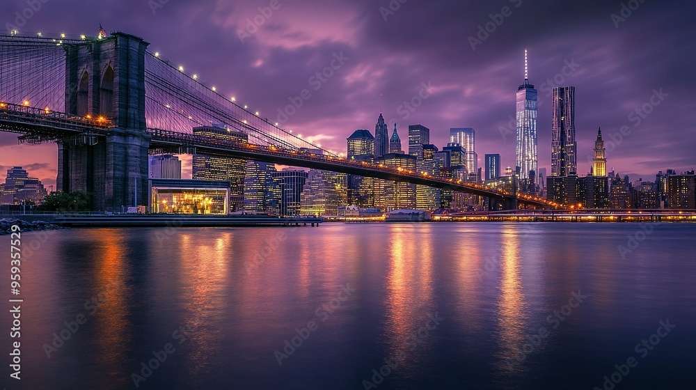 Fototapeta premium City Lights Reflecting on Water: Brooklyn Bridge and Manhattan Skyline During Twilight – Urban Scene