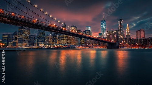 City Lights Reflecting on Water: Brooklyn Bridge and Manhattan Skyline During Twilight – Urban Scene