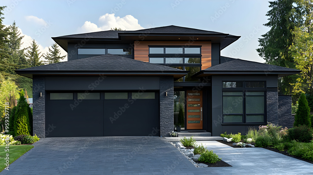 Modern black house with wood accents and stone siding. Modern black house with wood accents and stone siding.