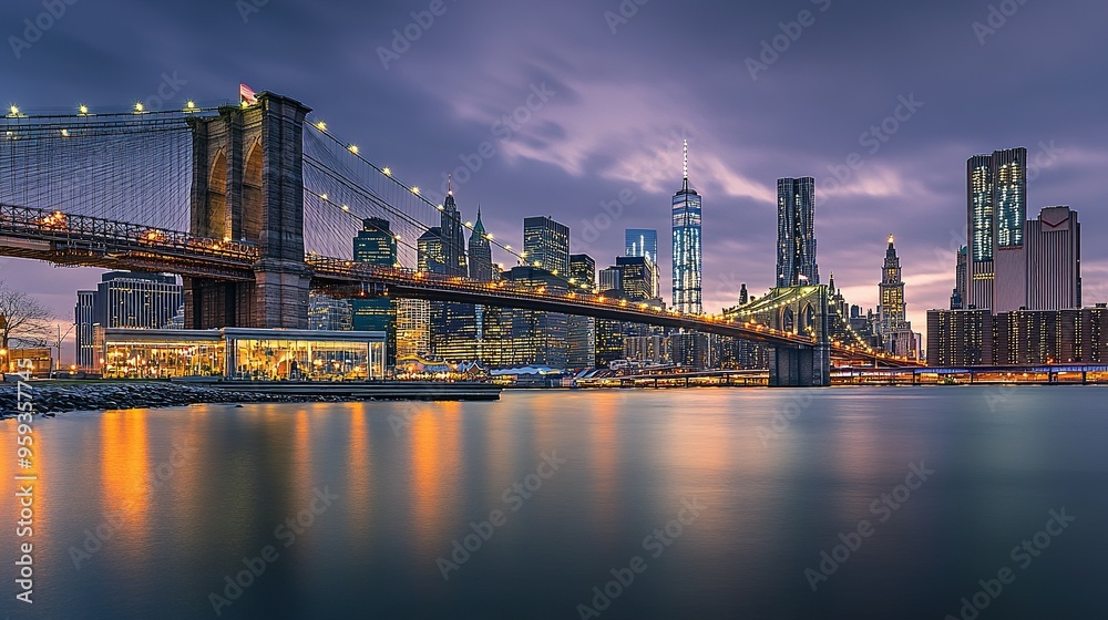 Fototapeta premium Brooklyn Bridge and Manhattan Skyline at Twilight: Urban Concept Featuring City Lights on Water