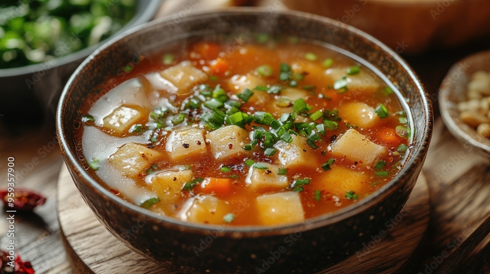 A steaming bowl of hearty vegetable soup with potato, carrots, and green onions. A steaming bowl of hearty vegetable soup with potato, carrots, and green onions.