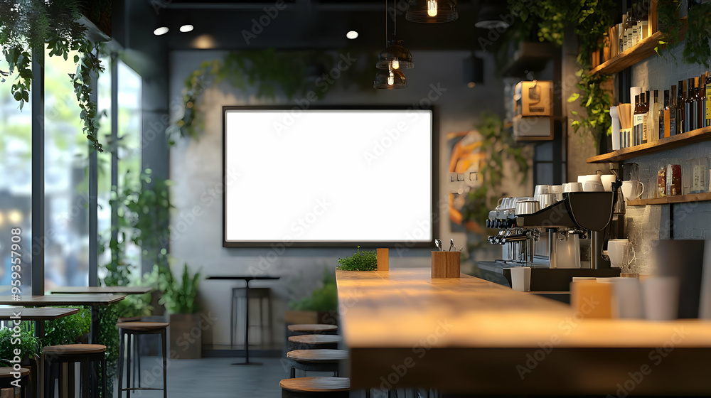 Modern coffee shop interior with bar seating, empty sign, and coffee machine.