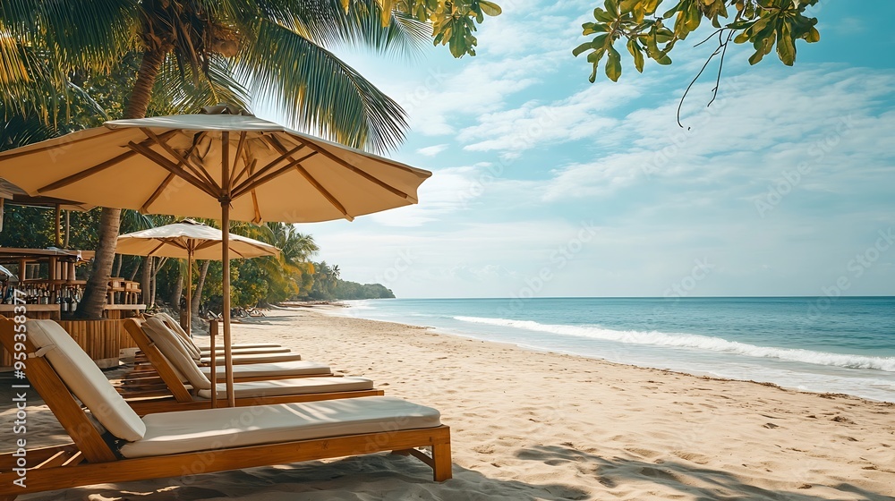 Obraz premium Empty beach with beach bar Leisure loungers with sun beds and umbrellas Tropical scene luxury travel design Palm trees sandy shore calm waves Sunny sky summer landscape vacation exotic : Generative AI