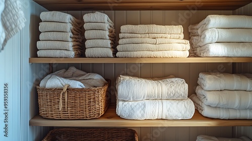Bed linens closet neatly arrangement on shelves with copy space domestic textile Nordic minimalism comfortable storage Rolled towels in straw basket duvet cover sheet pillow plaid in c : Generative AI photo