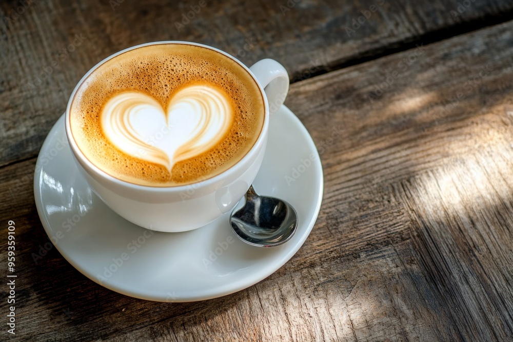 Fototapeta premium Close-up of cappuccino coffee with heart-shaped latte art on a wooden table, offering a cozy and inviting vibe for coffee lovers. A perfect image to represent warm beverages, relaxation, or cafe cultu