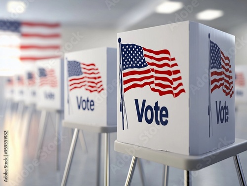 Straight on row of voting booths at polling station during American election. photo