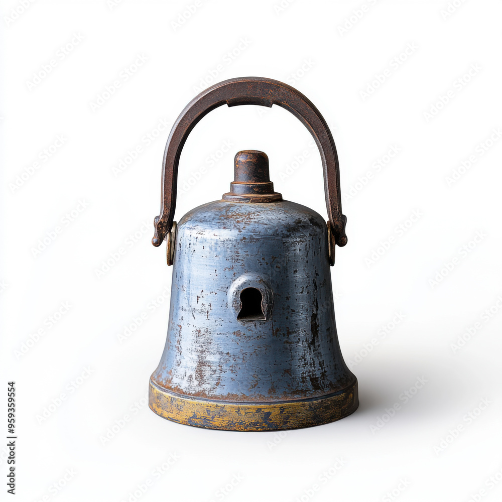 An antique metal bell with a rustic patina, featuring a handle and a weathered look, isolated on a white background. An antique metal bell with a rustic patina, featuring a handle and a weathered look, isolated on a white background.