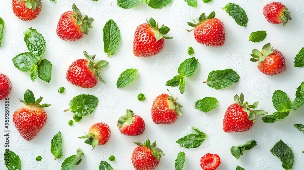 Fresh strawberries and mint leaves arranged on a light background. Fresh strawberries and mint leaves arranged on a light background.