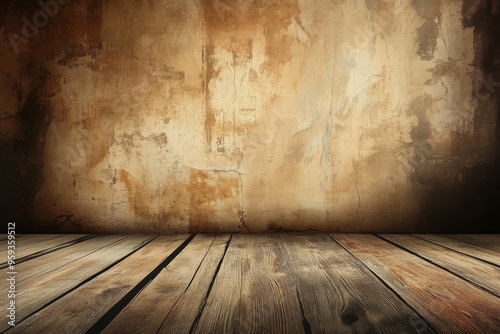 Grungy Worn-Out Room with Wooden Floor and Old Wall, Dimly Lit for Depth and Texture