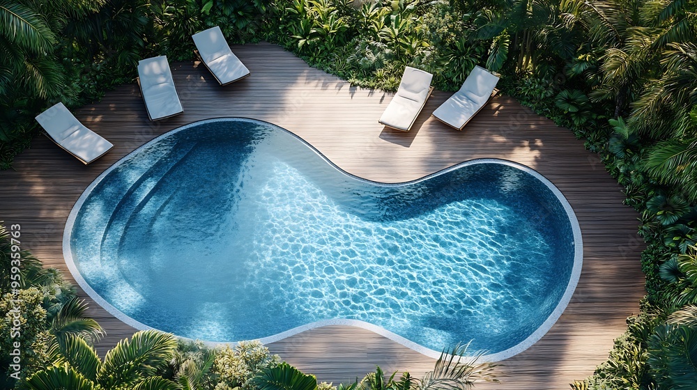 Aerial view of a swimming pool with wavy and curved shapes Around the ...