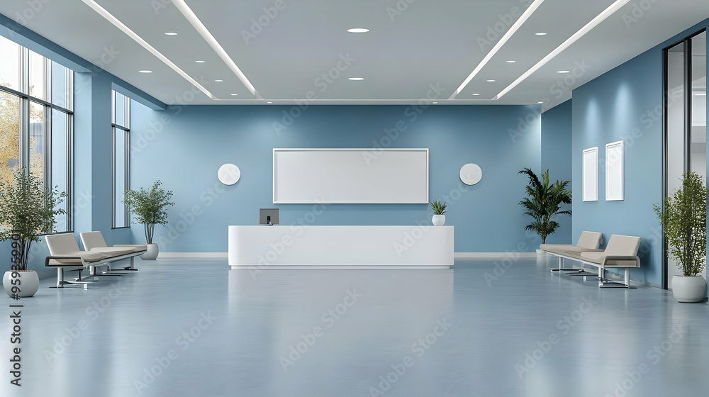 Modern office reception area with a white reception desk, blue walls, and two grey chairs. Modern office reception area with a white reception desk, blue walls, and two grey chairs.