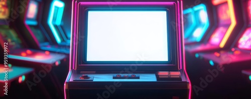 A retro arcade machine with an empty white screen, surrounded by neon lights in a dark arcade, captured in a vibrant, colorful photo style