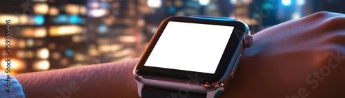 A smartwatch with a blank white screen on a wrist, with a blurred cityscape in the background, captured in a dynamic, inmotion photo style photo