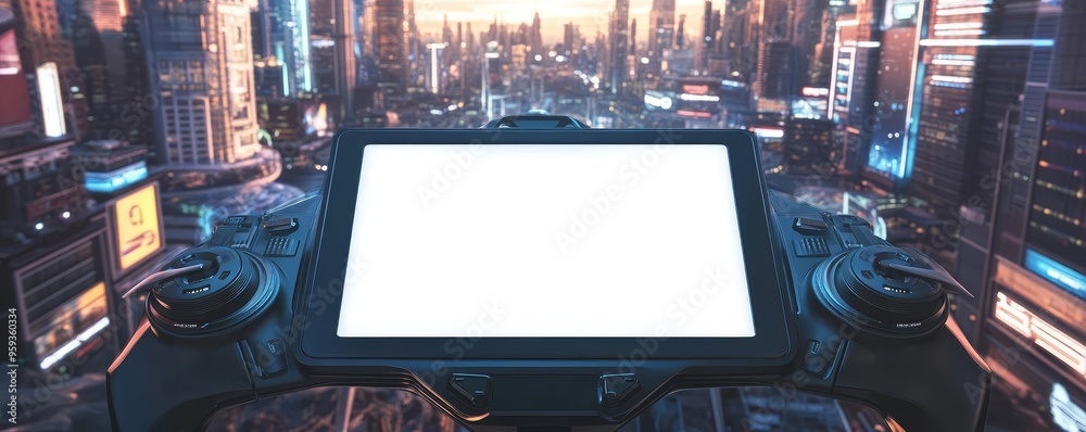 Fototapeta premium A blank white screen on a drone controller, with a futuristic cityscape in the background, captured in a sleek, modern photo style