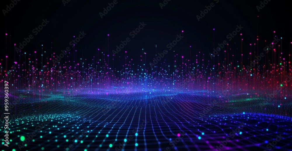 Futuristic Digital Landscape with Data Lines, Dots, and Network Grid in Cyberpunk Style Futuristic Digital Landscape with Data Lines, Dots, and Network Grid in Cyberpunk Style