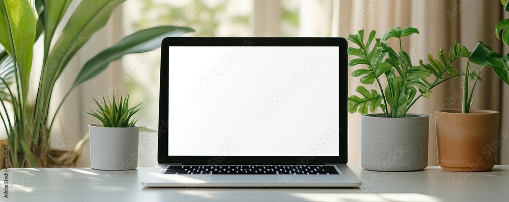 A blank white screen on a laptop in a sunlit, airy office, with plants and natural light streaming in, captured in a bright, cheerful photo style A blank white screen on a laptop in a sunlit, airy office, with plants and natural light streaming in, captured in a bright, cheerful photo style