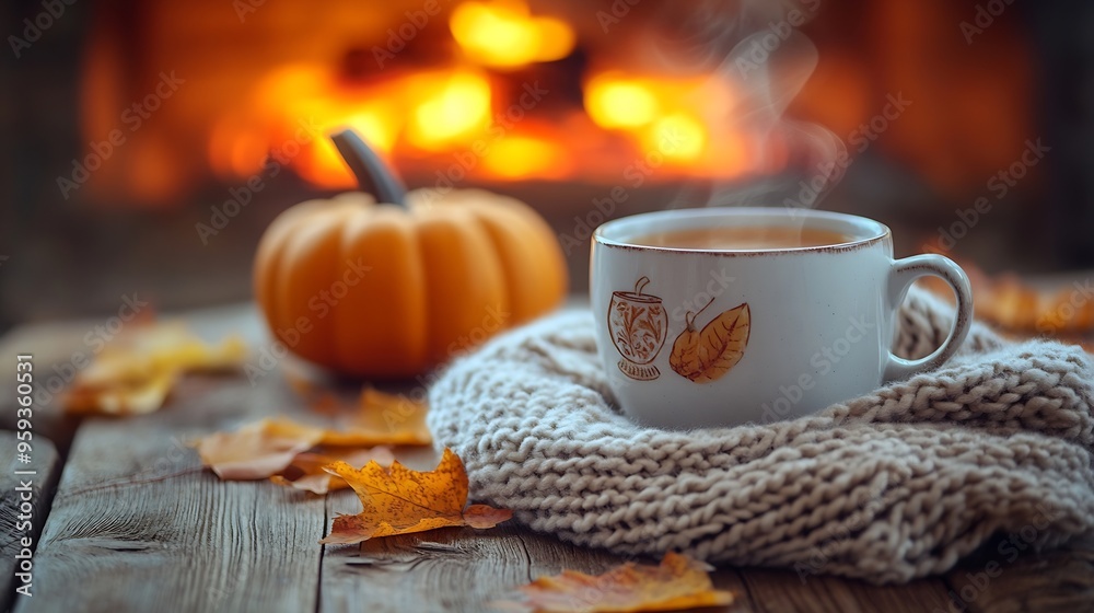 Warm cup of tea pumpkins autumn leaves cozy scarf on rustic wooden table on background of burning fireplace Hygge fall home rural banner Autumn still life Happy Thanksgiving : Generative AI Warm cup of tea pumpkins autumn leaves cozy scarf on rustic wooden table on background of burning fireplace Hygge fall home rural banner Autumn still life Happy Thanksgiving : Generative AI