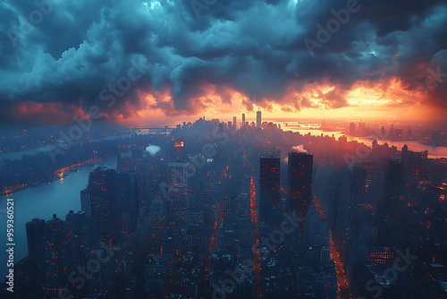 Dramatic panoramic shot of a stormy sky looming over a bustling metropolis, capturing the intensity of the approaching weather. 