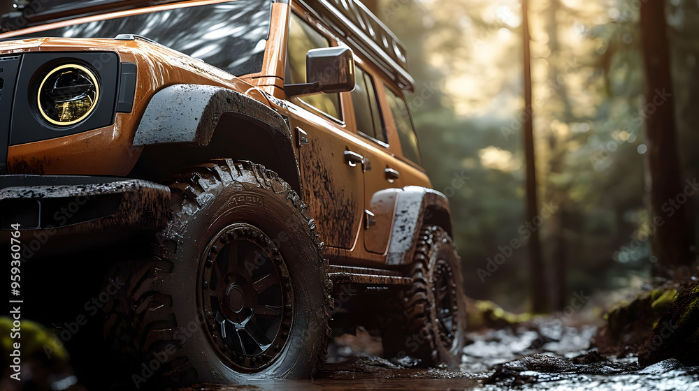 Mud covered SUV driving through a forest. Mud covered SUV driving through a forest.