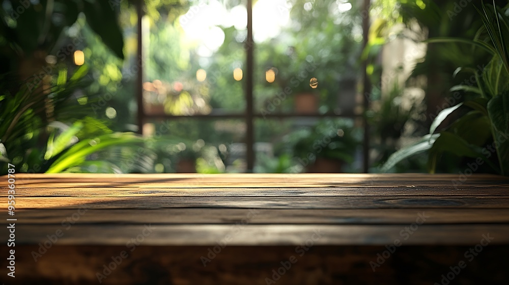 A wooden table in front of a blurred background depicting a coffee shop or restaurant with a large window that looks out onto a lush garden providing a environment for placing your pro : Generative AI A wooden table in front of a blurred background depicting a coffee shop or restaurant with a large window that looks out onto a lush garden providing a environment for placing your pro : Generative AI